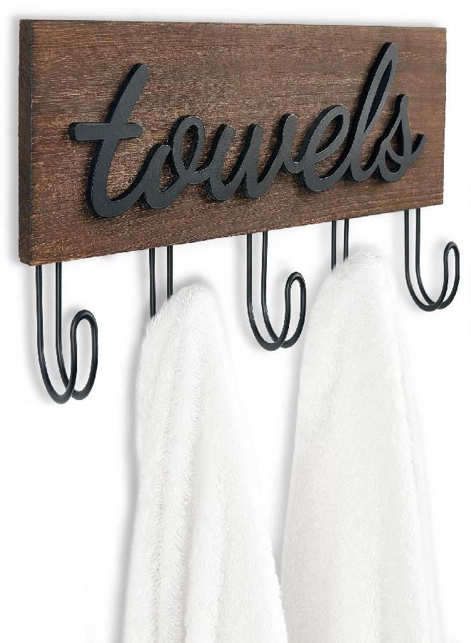 Mkono Mkono Towel Holder Wall Mounted Towel Rack Bathroom Decor Rustic Wood Towel Hooks to Hang Towels Bathrobe Robe Coat Clothing, 12.6" x 5.2" Bath Towel Hanger Storage Home Decor Organizer