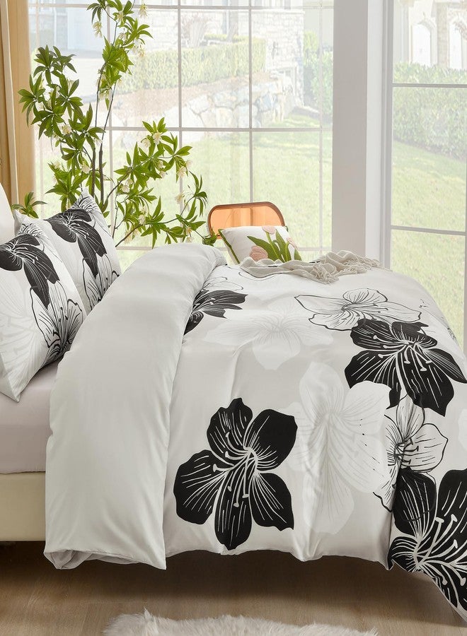 DJY 3 Pieces Duvet Cover Set Queen Black White Floral Pattern Comforter Cover Elegant Boho Floral Duvet Cover with 2 Pillow Cases Lightweight Microfiber Bedding Duvet Cover Set All Season 90"x90" - Image 3