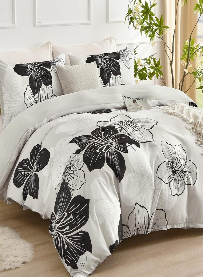 DJY 3 Pieces Duvet Cover Set Queen Black White Floral Pattern Comforter Cover Elegant Boho Floral Duvet Cover with 2 Pillow Cases Lightweight Microfiber Bedding Duvet Cover Set All Season 90"x90" - Image 2