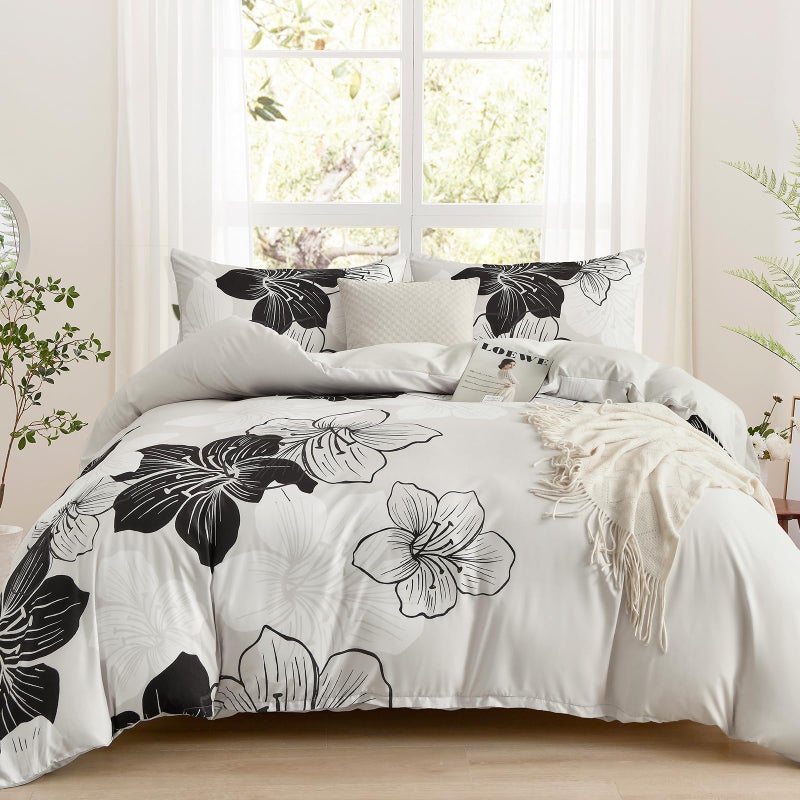 DJY 3 Pieces Duvet Cover Set Queen Black White Floral Pattern Comforter Cover Elegant Boho Floral Duvet Cover with 2 Pillow Cases Lightweight Microfiber Bedding Duvet Cover Set All Season 90"x90" - Image 1