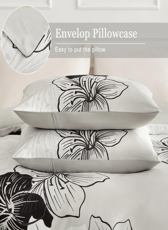 DJY 3 Pieces Duvet Cover Set Queen Black White Floral Pattern Comforter Cover Elegant Boho Floral Duvet Cover with 2 Pillow Cases Lightweight Microfiber Bedding Duvet Cover Set All Season 90"x90" - Image 5