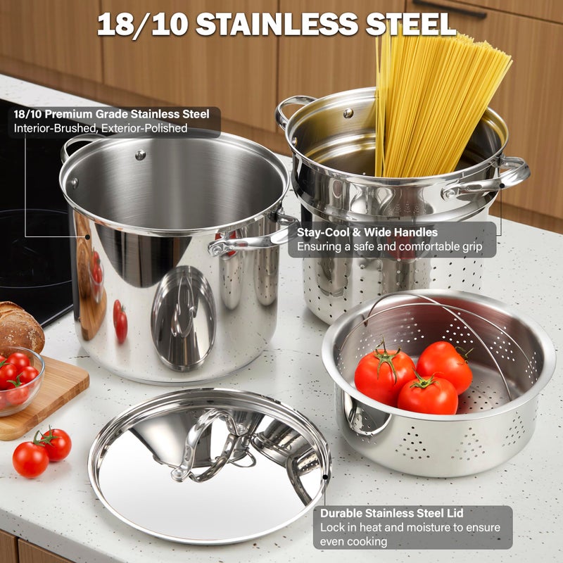 Cooks Standard Pasta Pot 18/10 Stainless Steel 12 Quart, Spaghetti Cooker Steamer Stock Pot Multipots with Strainer Insert, Stainless Steel Lid, 4-Piece Set - Image 4