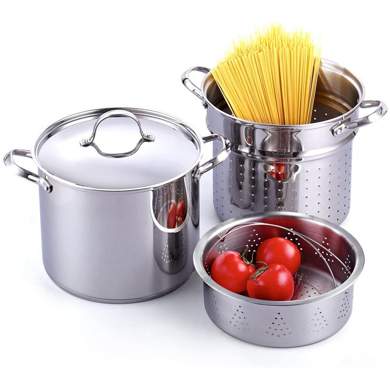 Cooks Standard Pasta Pot 18/10 Stainless Steel 12 Quart, Spaghetti Cooker Steamer Stock Pot Multipots with Strainer Insert, Stainless Steel Lid, 4-Piece Set - Image 1