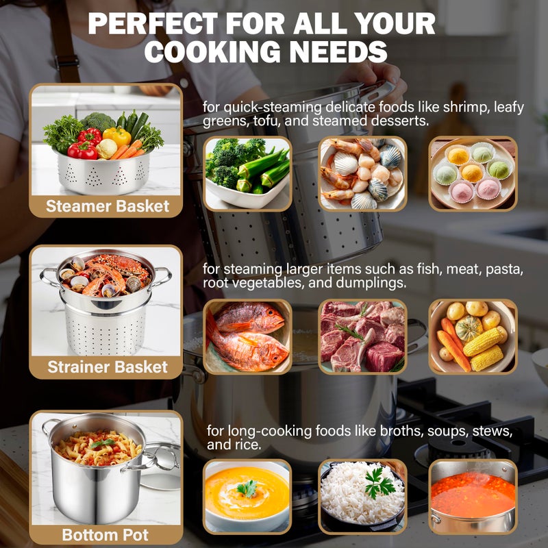 Cooks Standard Pasta Pot 18/10 Stainless Steel 12 Quart, Spaghetti Cooker Steamer Stock Pot Multipots with Strainer Insert, Stainless Steel Lid, 4-Piece Set - Image 5