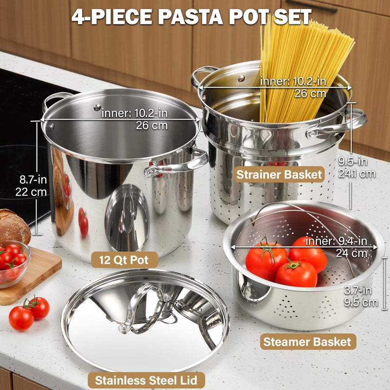 Cooks Standard Pasta Pot 18/10 Stainless Steel 12 Quart, Spaghetti Cooker Steamer Stock Pot Multipots with Strainer Insert, Stainless Steel Lid, 4-Piece Set - Image 2