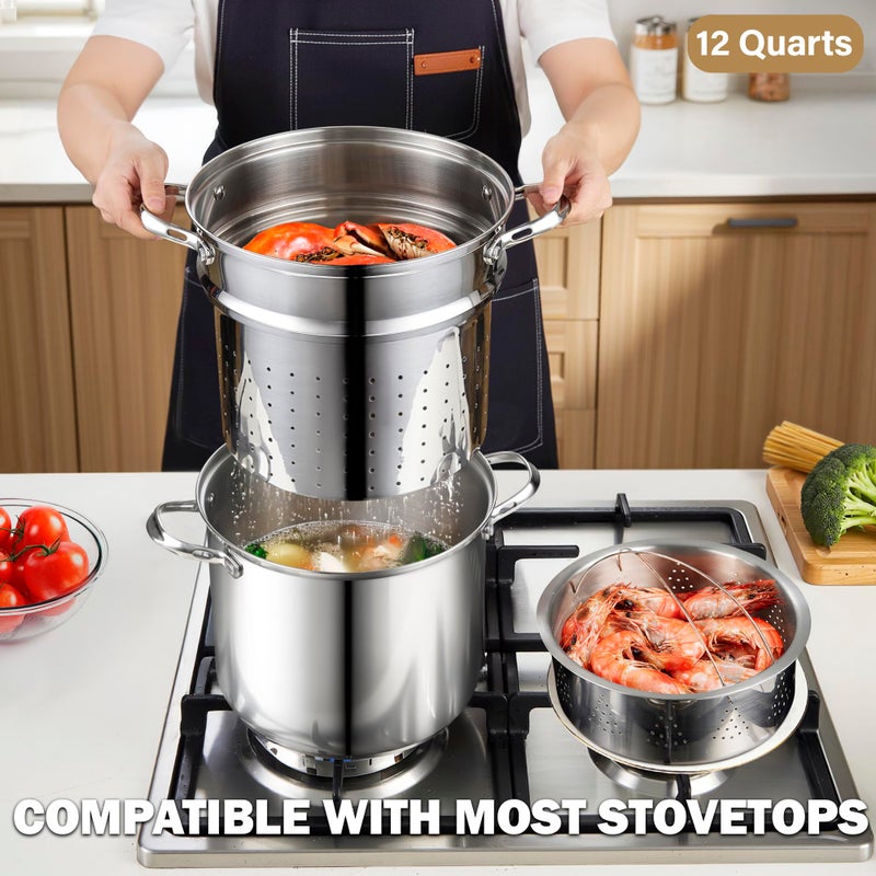 Cooks Standard Pasta Pot 18/10 Stainless Steel 12 Quart, Spaghetti Cooker Steamer Stock Pot Multipots with Strainer Insert, Stainless Steel Lid, 4-Piece Set - Image 3