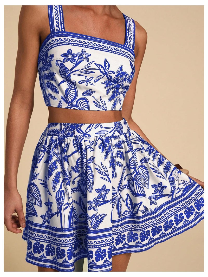 Floerns Women's Two Piece Outfit Tropical Crop Cami Top and Summer Skirts Set Blue X-Large - Image 4