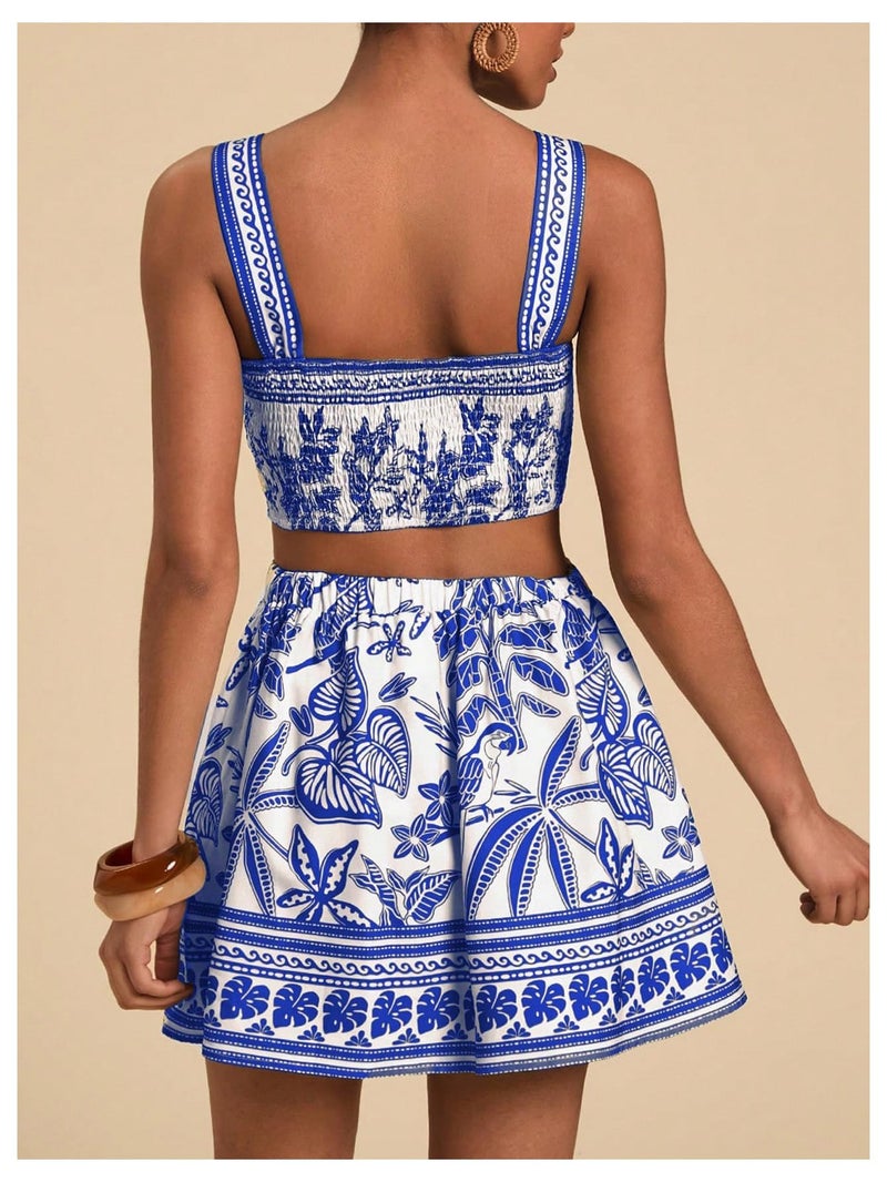 Floerns Women's Two Piece Outfit Tropical Crop Cami Top and Summer Skirts Set Blue X-Large - Image 3