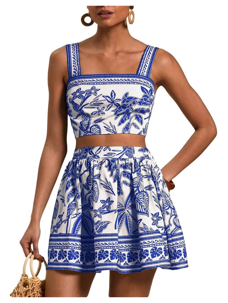 Floerns Women's Two Piece Outfit Tropical Crop Cami Top and Summer Skirts Set Blue X-Large - Image 1