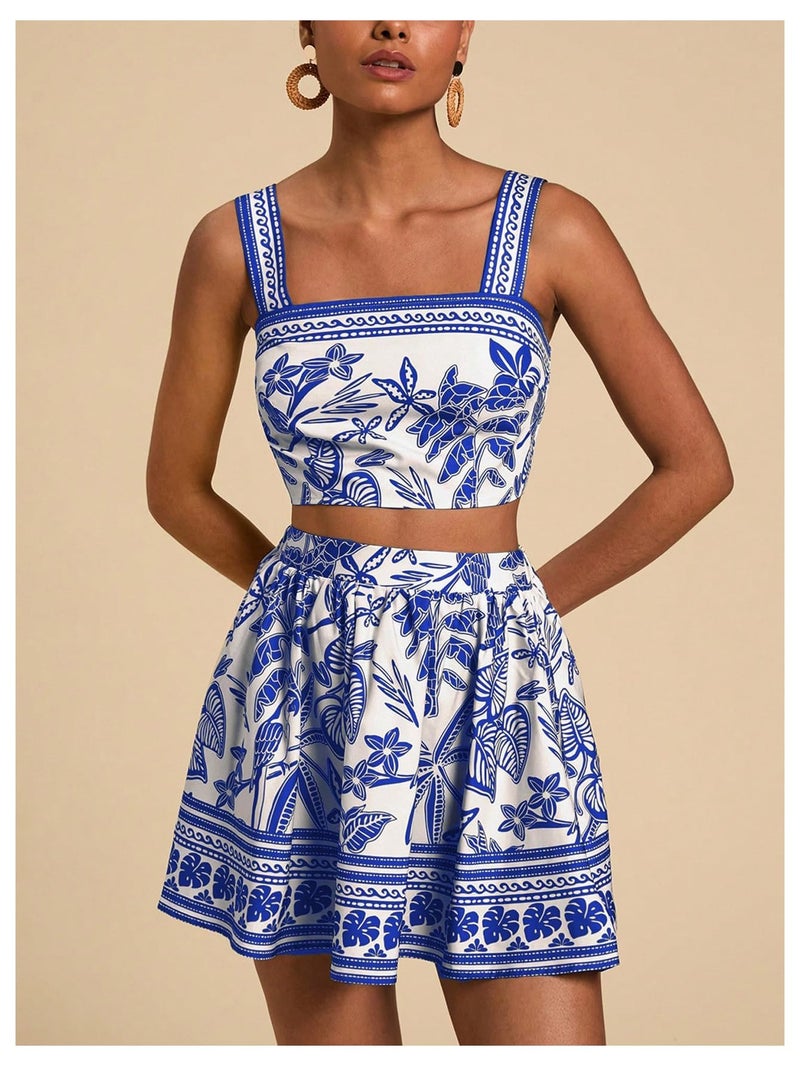 Floerns Women's Two Piece Outfit Tropical Crop Cami Top and Summer Skirts Set Blue X-Large - Image 5