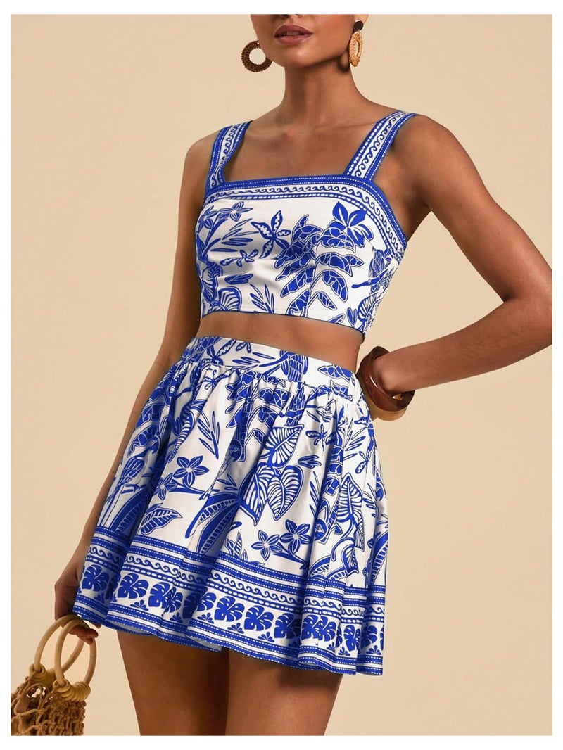 Floerns Women's Two Piece Outfit Tropical Crop Cami Top and Summer Skirts Set Blue X-Large - Image 2