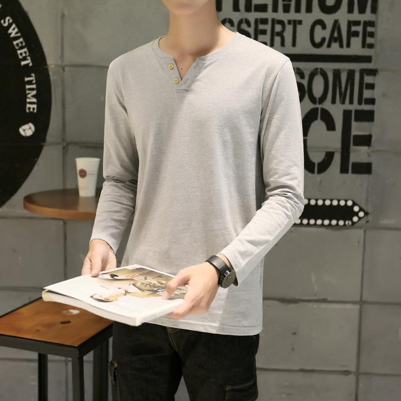 Men's Long-sleeved T-shirt Autumn New Trendy Men's V-neck Top Slim Fit Inner Base Shirt Men's Wholesale T-shirt - Image 3
