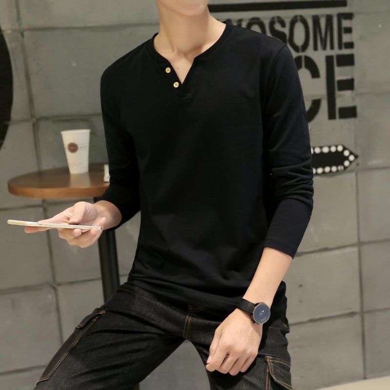 Men's Long-sleeved T-shirt Autumn New Trendy Men's V-neck Top Slim Fit Inner Base Shirt Men's Wholesale T-shirt - Image 2