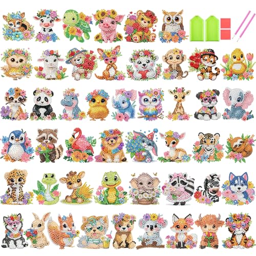 xackcme 48 Pcs Diamond Art Painting Sticker Kits for Kids Animal Diamond Gem Stickers Kit 5D Animals Gem Art Stickers Mosaic for Kids Gift for Boys Girls 481012 Years Old - Image 1
