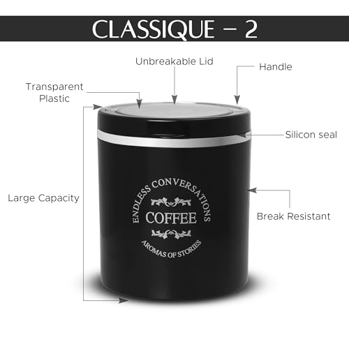 Jaypee Plus Classique 2 Tea Coffee Sugar Storage Container Set 750 ml Airtight Plastic canisters Tea containers for kitchen | Silicon rubber lock Stackable glossy finish transparent Lid, Black - Image 3