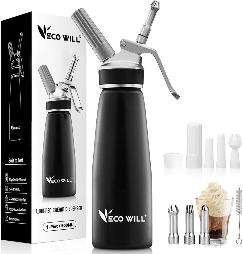 ECOWELL Professional Whipped Cream Dispenser, Durable Aluminum Cream Whipper with 2 Sets of Stainless Steel and Plastic Tips & Cleaning Brush, 1-Pint / 500 mL,Homemade Cream Maker - Image 1
