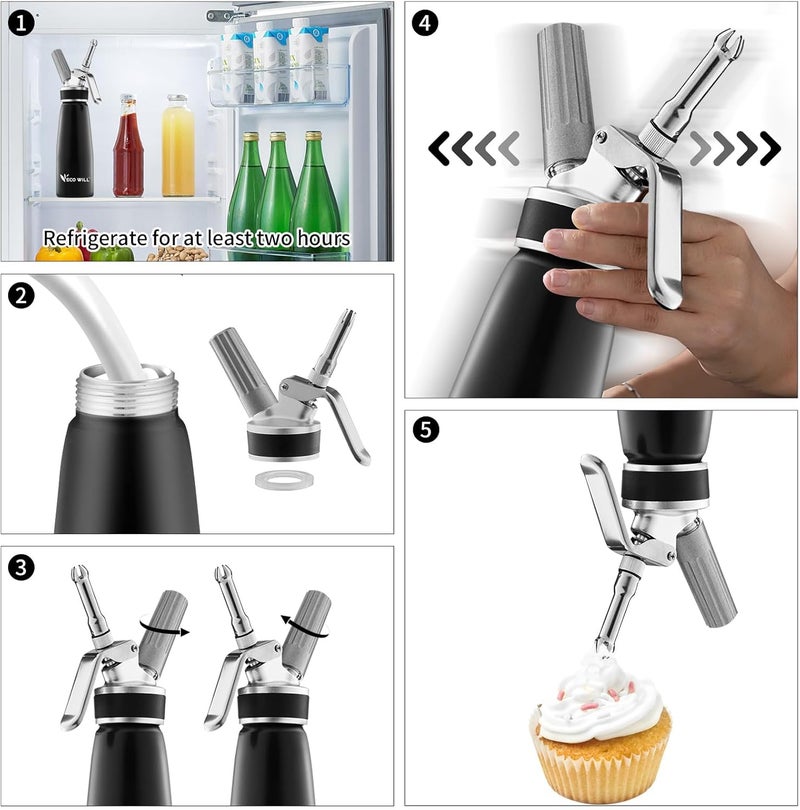 ECOWELL Professional Whipped Cream Dispenser, Durable Aluminum Cream Whipper with 2 Sets of Stainless Steel and Plastic Tips & Cleaning Brush, 1-Pint / 500 mL,Homemade Cream Maker - Image 5