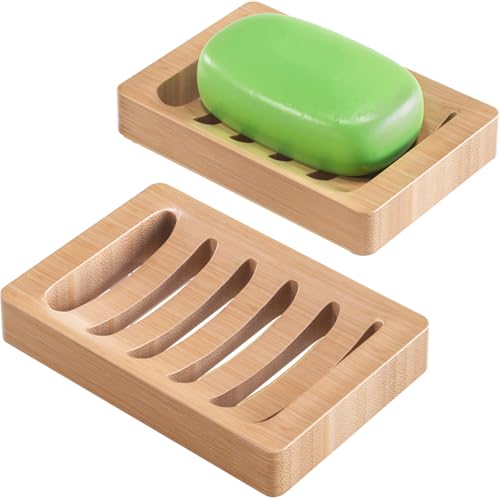 AmazerBath Soap Holder Soap Dish Bamboo Soap Dish 2 Pack Wood Bar Soap Holder for Shower Trays Self Draining Soap Saver for Shower Bathroom KitchenNatural Color