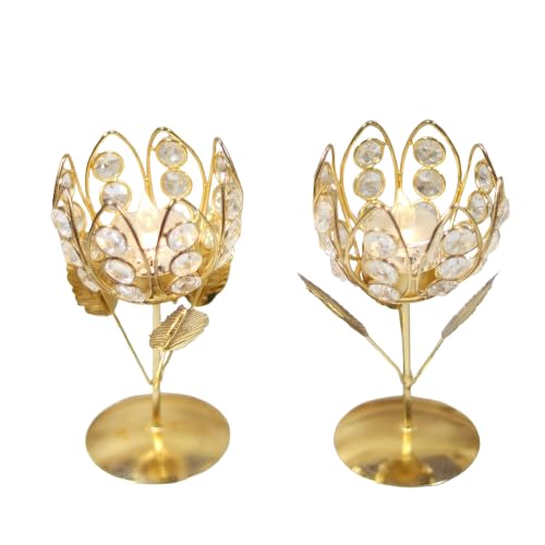 CentraLit Gold Crystal Tea Light Holder Set of 2 Tea Light Stand Shape Rose Votive Lotus Candle Holder for Home Decoration Diwali Diya Puja Gifts Set of 2