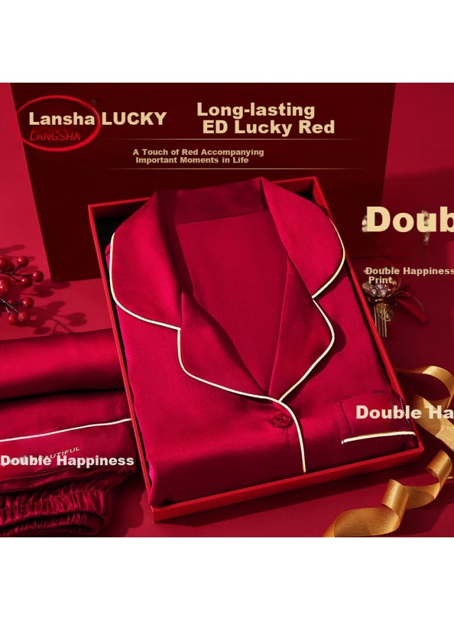 LANG SHA Langsha Double Happiness Couple's Pajamas, Wedding Gift, New Marriage, Red Long-sleeve And Long Pants Set, Wedding Home Wear, Gift Box - Image 1
