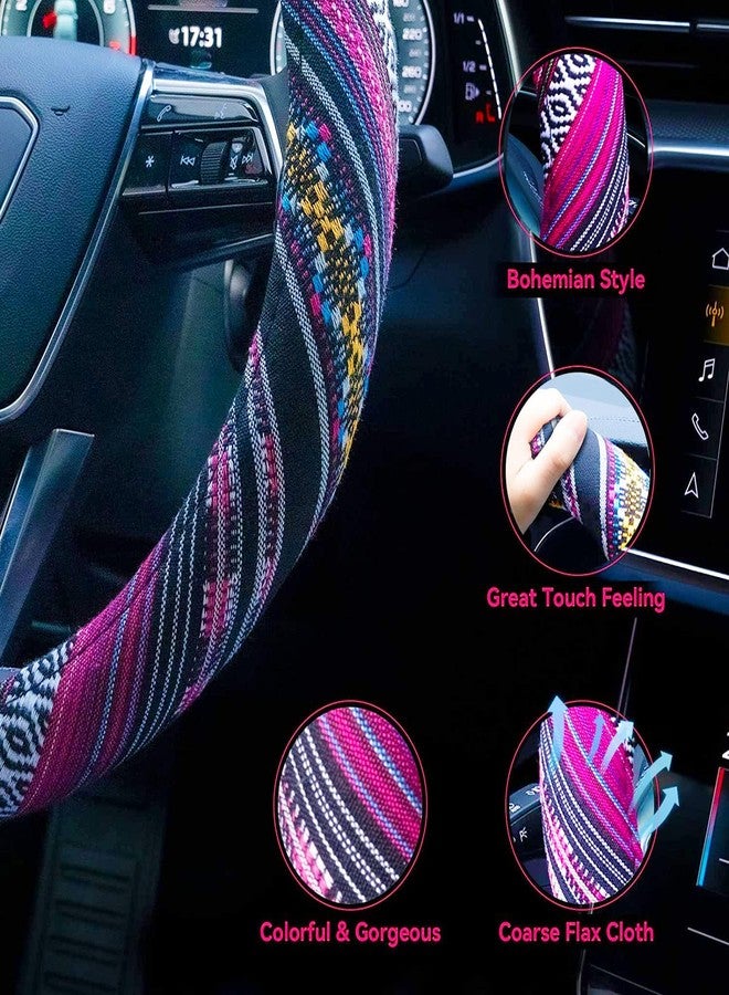 Limsas Boho Steering Wheel Cover, Bohemian Car Steering Wheel Covers for Women, Universal Fit 14.5-15 inch Car, Flax Cloth Anti-slip Breathable Sweat Absorb Elastic Hippie Protector Cover -Style3 - Image 3