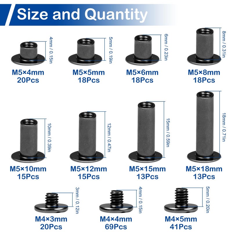 MroMax 128 Sets Chicago Screws Kit, Black Screw Rivets, 8 Sizes Carbon Steel Binding Screwsï¼ˆM5*4,5,6,8,10,12,15,18ï¼‰and 3 Screw Lengths (M4*3,4,5) for Leather Crafts, Clothing, Shoes, Belts, Bags and Purses - Image 3