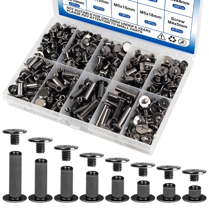 MroMax 128 Sets Chicago Screws Kit, Black Screw Rivets, 8 Sizes Carbon Steel Binding Screwsï¼ˆM5*4,5,6,8,10,12,15,18ï¼‰and 3 Screw Lengths (M4*3,4,5) for Leather Crafts, Clothing, Shoes, Belts, Bags and Purses - Image 1