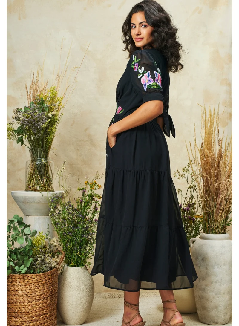 Hope & Ivy  Embroidered Tie Sleeve V-Neck Midi Dress With Tiered Skirt for Women | Best Price UAE