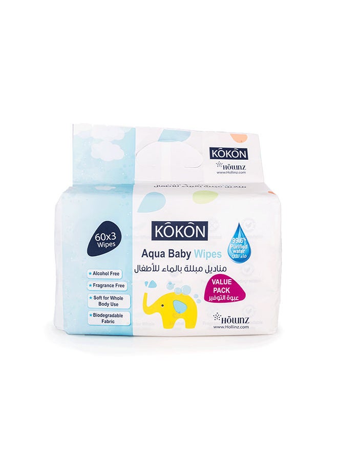 Kokon Pack Of 180 Aqua Baby Wipes, 3 X 60 Wipes, 1 Kit  - Image 1