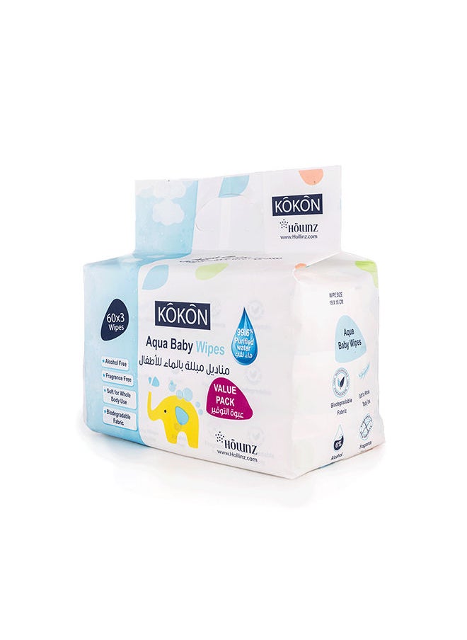 Kokon Pack Of 180 Aqua Baby Wipes, 3 X 60 Wipes, 1 Kit  - Image 2