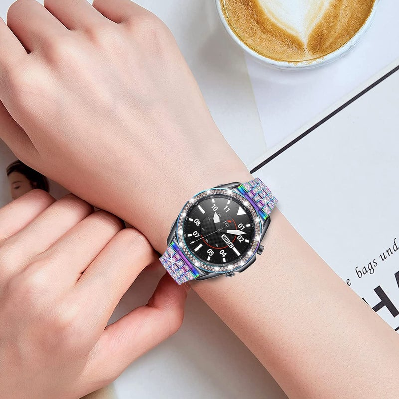 DEALELE Bands Compatible with Samsung Galaxy Watch 3 (45mm), 22mm Full Rhinestone Diamond Stainless Metal Strap with Bezel Ring Cover Replacement for Women Men (Rainbow) - Image 4