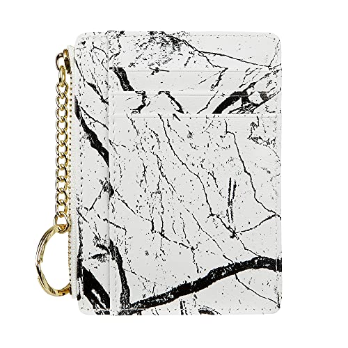 Cynure Women's 8 Cards Slim Minimalist Card Holder Coin Changes Purse Keychain Front Pocket Wallet, Marble White - Image 2