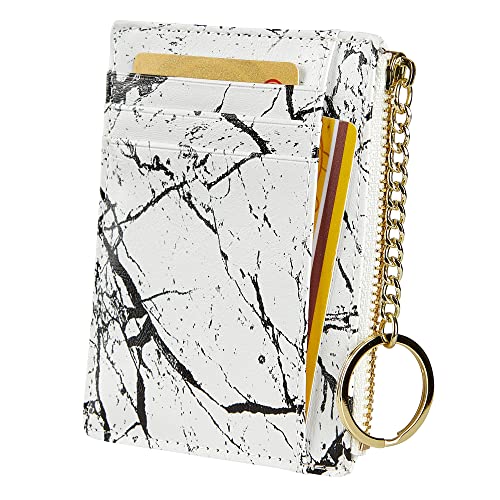 Cynure Women's 8 Cards Slim Minimalist Card Holder Coin Changes Purse Keychain Front Pocket Wallet, Marble White - Image 1
