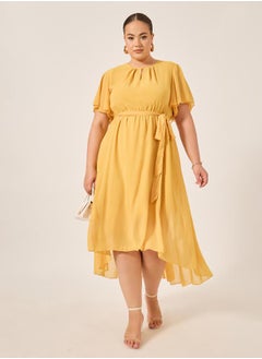 Styli Plus Size Plain Belted High-Low A-Line Maxi Dress  - Image 1