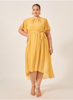 Styli Plus Size Plain Belted High-Low A-Line Maxi Dress  - Image 2