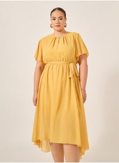 Styli Plus Size Plain Belted High-Low A-Line Maxi Dress  - Image 4