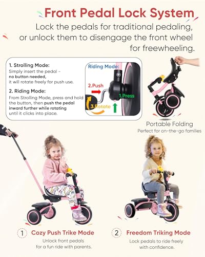 RIDYEE Tricycle for Toddlers 18 Months to 5 Years with Removable Push Handle Tricycles for 35 Year Olds Ideal for OnTheGo Families Adjustable CarryFriendly Seat Pink - Image 5
