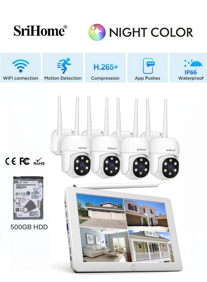 4PCS  Lens 10-inch IPS Screen Wireless WIFI NVR CCTV Surveillance Kit Automatic Tracking Color Night Vision P2P 4CH NVR IP Cameras Security System(With a 500GB hard drive) - Image 1