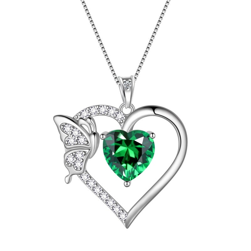 Juwaliy Green Heart Necklace Butterfly May Birthstone Necklace Emerald 925 Sterling Silver Pendant Jewelry Women Christmas Birthday Mother's Day Gifts - Image 1