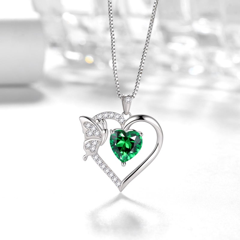 Juwaliy Green Heart Necklace Butterfly May Birthstone Necklace Emerald 925 Sterling Silver Pendant Jewelry Women Christmas Birthday Mother's Day Gifts - Image 3