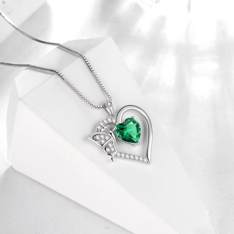 Juwaliy Green Heart Necklace Butterfly May Birthstone Necklace Emerald 925 Sterling Silver Pendant Jewelry Women Christmas Birthday Mother's Day Gifts - Image 4