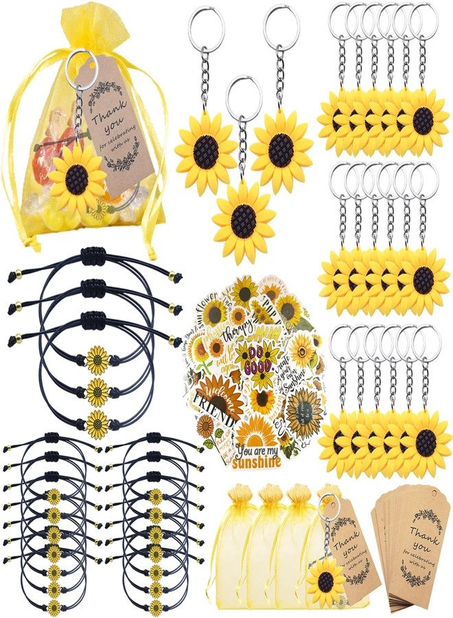 COLVWOFA 146 Pcs Sunflower Party Favors Include Strong Bigger Sunflower Keychains & Adjustable Bracelets & PVC Stickers Organza Bags Thank You Kraft Tags for Birthday Wedding School Baby Shower Return Gifts - Image 1
