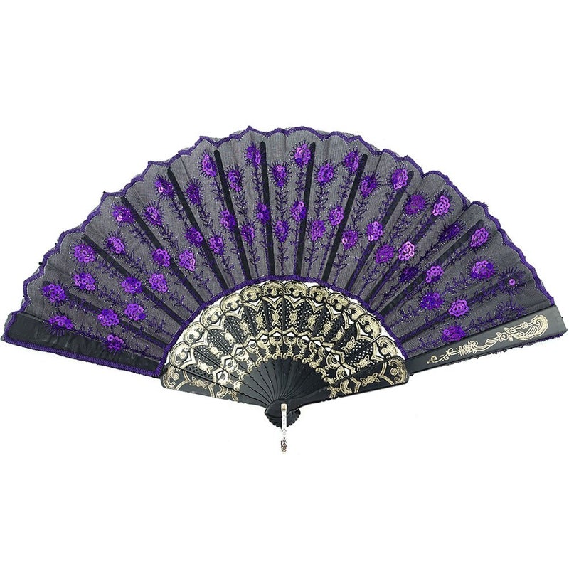 INNOLIFE Elegant Colorful Embroidered Flower Peacock Pattern Sequin Fabric Folding Handheld Hand Fan HandCrafted Purple