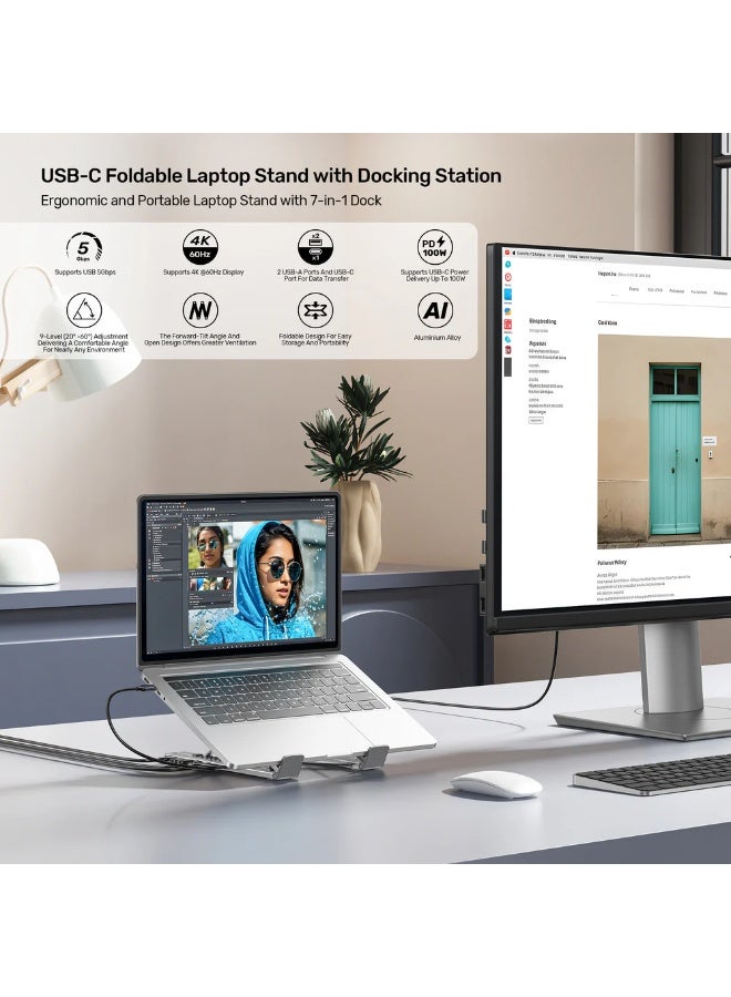 UNITEK حامل لابتوب قابل للطي USB-C مع محطة إرساء، 7 في 1، HDMI 4K@60Hz، 100W PD، بيانات 5Gbps، فتحات SD/MicroSD، تصميم مريح قابل للتعديل - Image 3