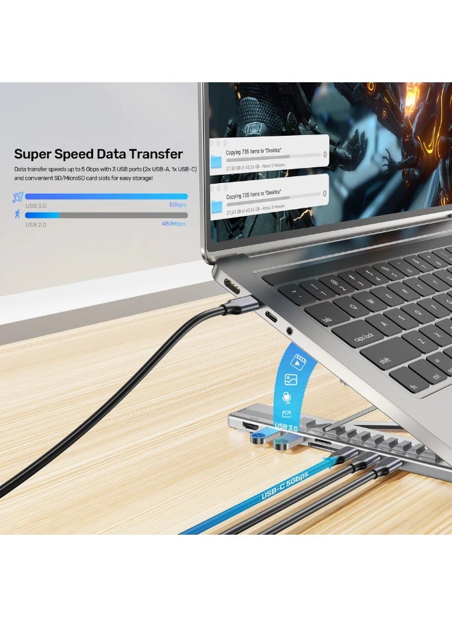 UNITEK حامل لابتوب قابل للطي USB-C مع محطة إرساء، 7 في 1، HDMI 4K@60Hz، 100W PD، بيانات 5Gbps، فتحات SD/MicroSD، تصميم مريح قابل للتعديل - Image 4