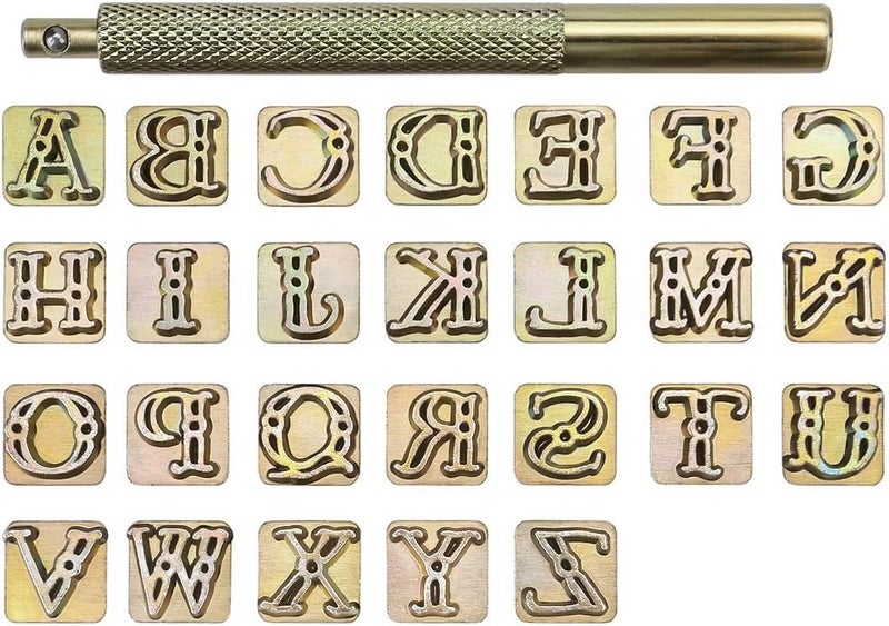 Yoption 27 Pieces Leather Stamping Tool Set, 26 Letters Alphabet Stamps Steel Punch Tool 9mm+1 Stamping Handle for Leather Craft (9mm) - Image 1