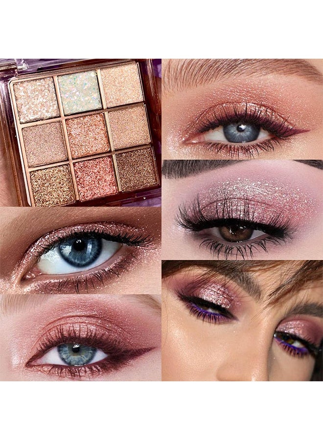 dikalu 9 Colors Glitter Eyeshadow Palette,Pink White Gold Glitter Shimmer Sparkly Eye Shadow Palette Makeup,Warm Pastel Eyeshadows Palette Long Lasting Waterproof Naturing-Looking Women Girls Eye Shadow (#13) - Image 3
