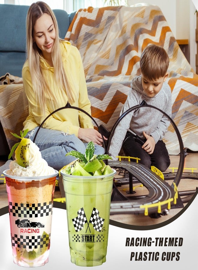 KesaPlan 50 Pcs Race Car Plastic Party Cups, 12oz Checkered Flag Disposable Clear Cup, Plastic Drinking Cup with White Black Plaid, Checkered Racing Cups for Fast Car Themed Birthday Decorations - Image 5