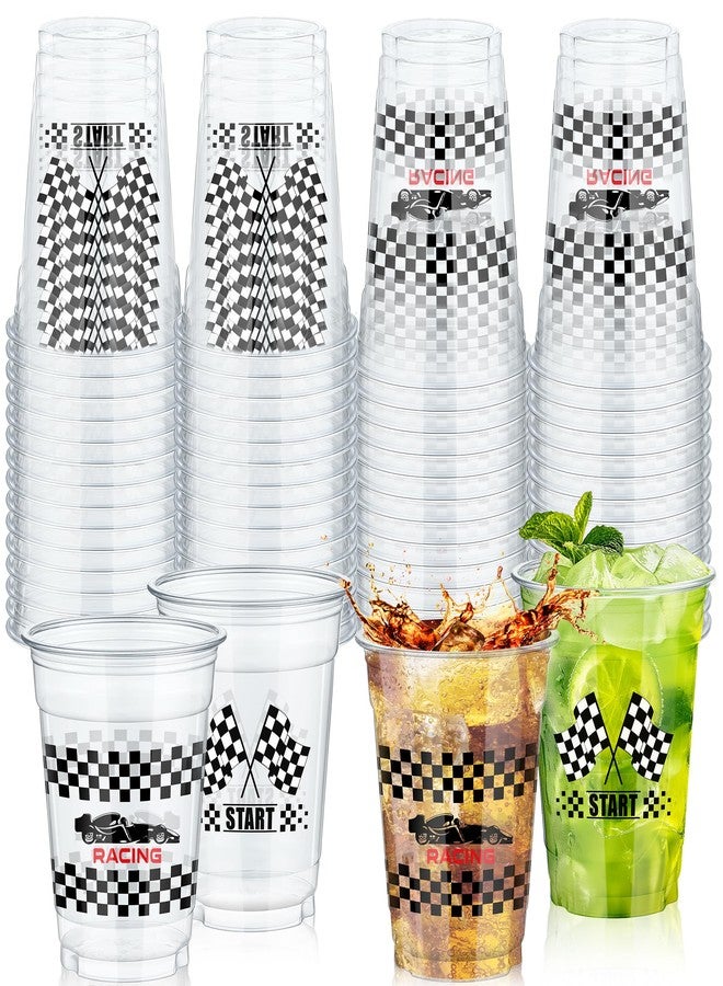 KesaPlan 50 Pcs Race Car Plastic Party Cups, 12oz Checkered Flag Disposable Clear Cup, Plastic Drinking Cup with White Black Plaid, Checkered Racing Cups for Fast Car Themed Birthday Decorations - Image 1