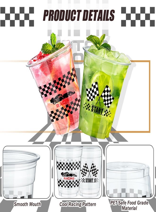 KesaPlan 50 Pcs Race Car Plastic Party Cups, 12oz Checkered Flag Disposable Clear Cup, Plastic Drinking Cup with White Black Plaid, Checkered Racing Cups for Fast Car Themed Birthday Decorations - Image 2